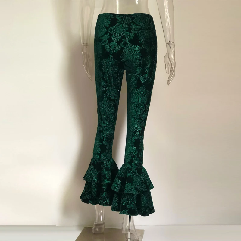 Sexy fall Winter green Pants Women Skinny Casual Party wear 2017 New Fashion Long ruffle Pant For Women flared Trousers