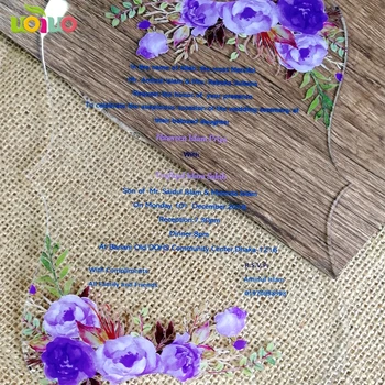 

Acrylic card purple printing flower wedding invitation, acrylic print custom wordings wedding invitation card