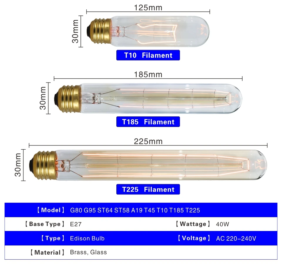 Электрическая лампочка эдисона светильник лампочка E27 220V 40W подвесной светильник в стиле ретро A19 A60 ST64 T10 T45 T185 G80 G95 нити Винтаж ампулы лампа накаливания со стеклянным колпаком