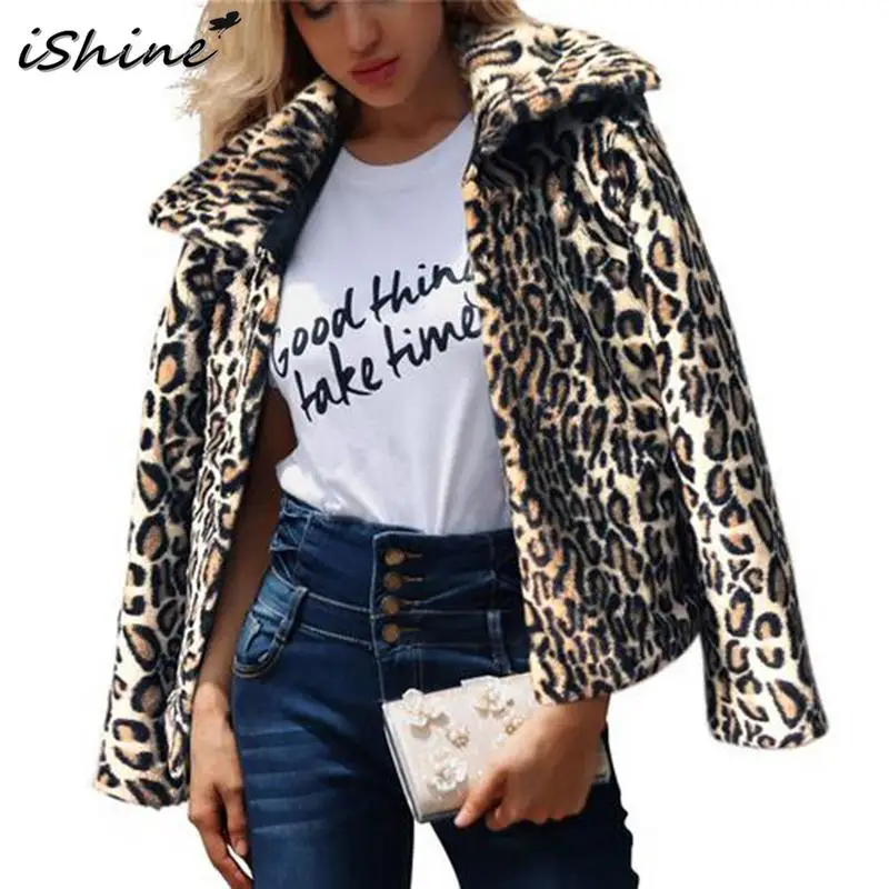 Goedkoop ISHINE Winter Vrouwen Modieuze Luipaard Print Faux Fur Jas Jas Lange Mouwen Revers Korte Jas Houden Warme Dikke top