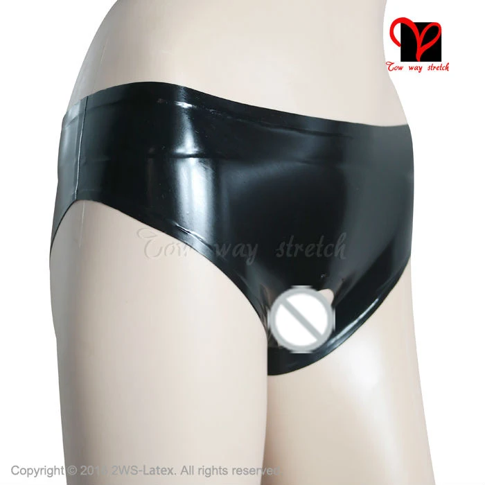 Low cut Sexy Latex Underwears penis Hole shaft ring Rubber panty pants Open briefs shorts black thongs underpants KZ-022