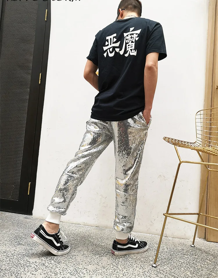 black harem trousers Men Silver Black Sequin Long Pants Sequined Casual Pants Nightclub Tide Male Singer Dancer Dance Costume Rock HIP HOP Stage Wear harem pants