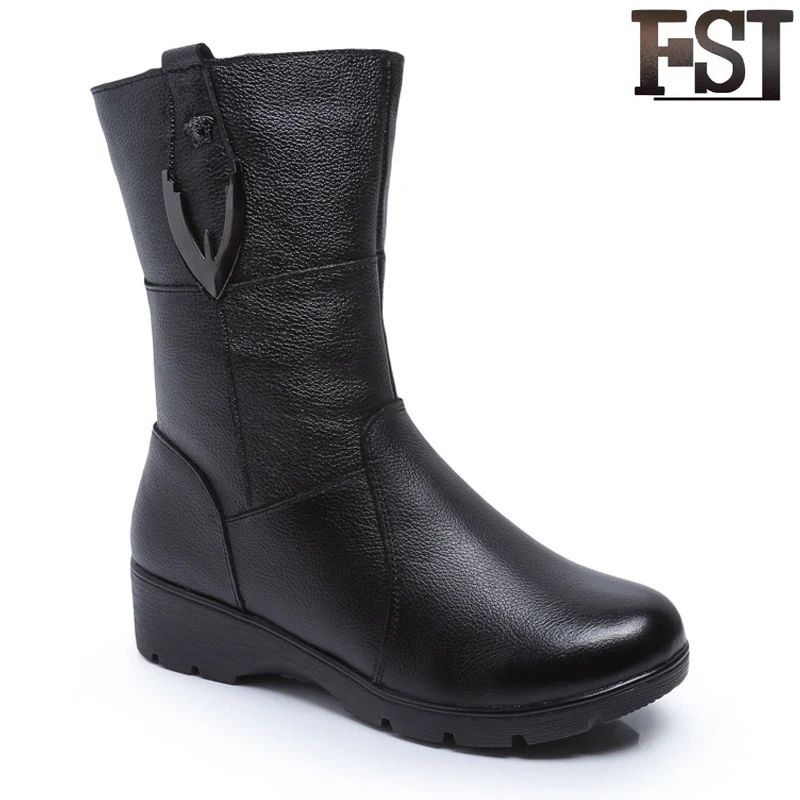 

FSJ Genuine Leather Ladies Winter Boots Women Shoes Cow Leather Wedges Round Toe Solid Short Plush Zipper Mature 2019 Mid Calf