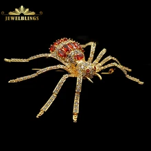 Vintage Designer Micro Pave CZ Red Spider Brooches Gold Tone 8 Legged Red Eyes Dangerous Spider Pins Halloween Holiday Jewelry fabulous short tassel drops double yellow bird brooches silver tone micro pave cz green eyes two love birds pins for girlfriend