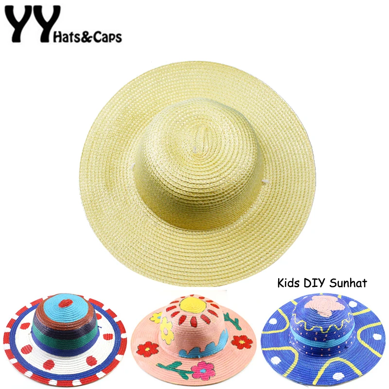 

Creative DIY Straw Hats For Children Summer Beach Cap Boy Girl Painting Creation Hat Drawing Doodle Straw Hat Solid Color YY1838