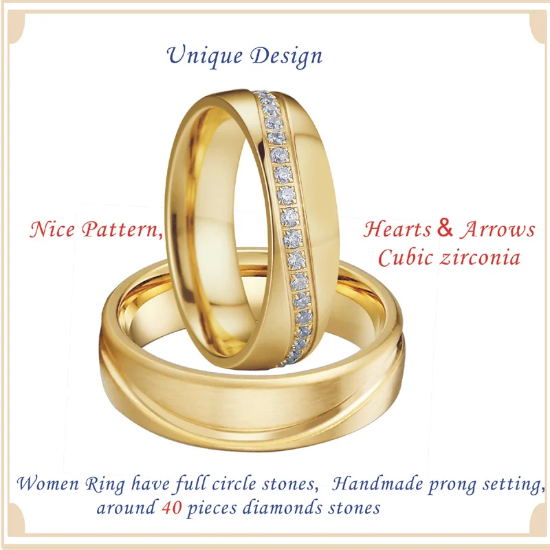 Wedding Band Rings Men Gold color aneis anel masculino size 15 feminino anillos Cubic Zirconia Engagement Couple Rings For Women