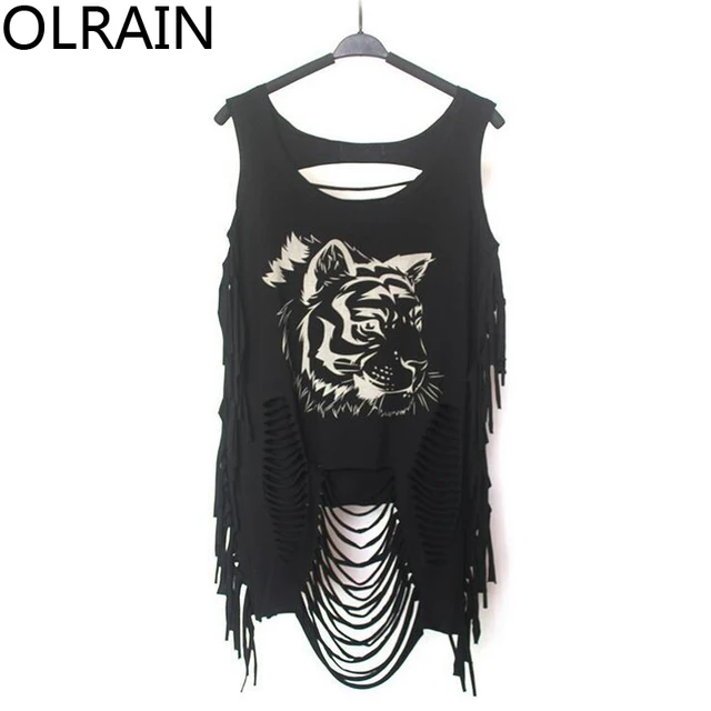 Olrain Women Street Rock Punk Tassel Crop Top Emo Tank Biker Gothic Rip Torn Retro Tassel Cut Out In Tank Tops From Women S Clothing Accessories