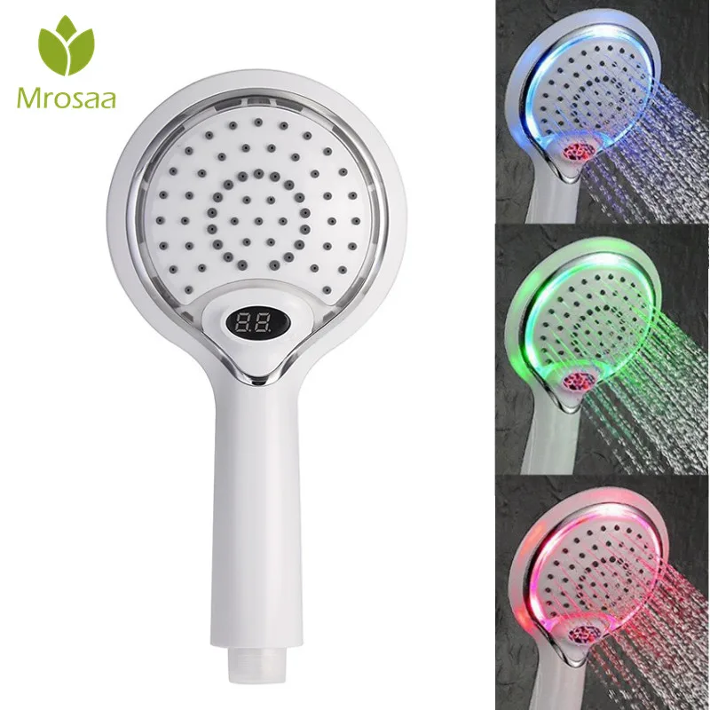 

Mrosaa LCD Digital Display Handheld Bathroom Shower Head Temperature Control 3 Colors Changing Water Powered LED Shower Head