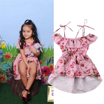 

Toddler Kids Baby Girls clothes off shoulder strap Ruffle cotton summer Rompers sleeveless Flower print Jumpsuits one pieces