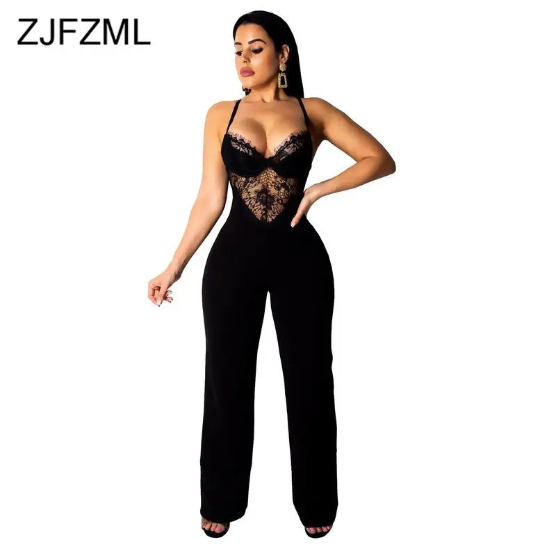 

Lace Patchwork Elegant Jumpsuit For Women Spaghetti Strap Open Back Wide Leg Romper Summer Deep V Neck Sleeveless Party Bodysuit