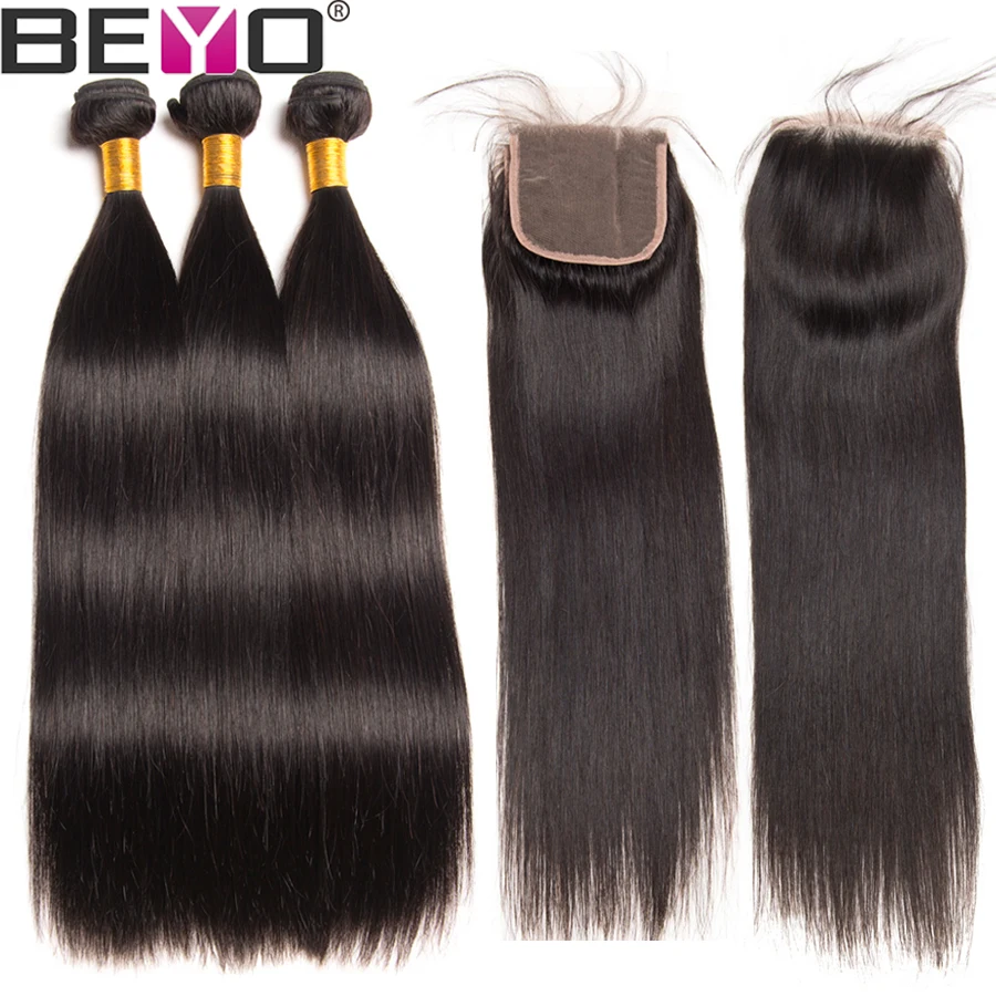 Beyo Straight Hair Bundles With Closure Peruvian Hair 3 Bundles With Lace Closure 4 Pc Non Remy Human Hair Bundles With Closure