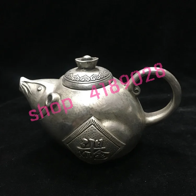 

Pure white copper, Qianlong year system, Zodiac rat teapot / wine pot, home / living room decoration crafts, collectibles.
