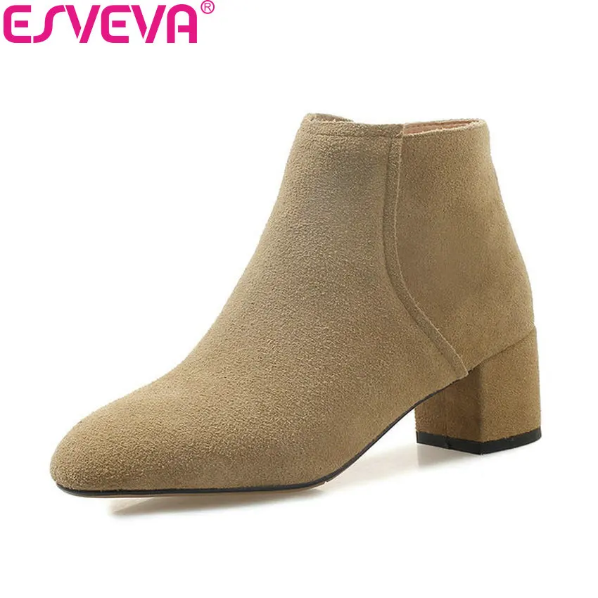 

ESVEVA 2019 Women Shoes Round Toe Zipper Square High Heels Solid Ankle Boots Shoes Comfortable Autumn Woman Boots Size 34-39
