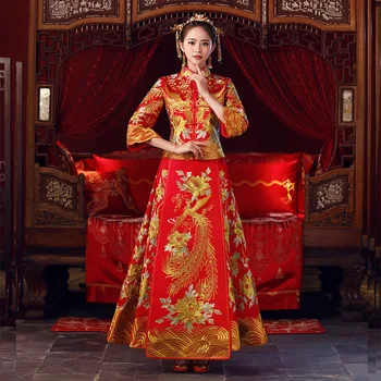 

Luxurious Embroidery Cheongsam Suit Elegant Oversize Women Full Length Phoenix&Flower Marriage Set Classic Bride Wedding Dresses