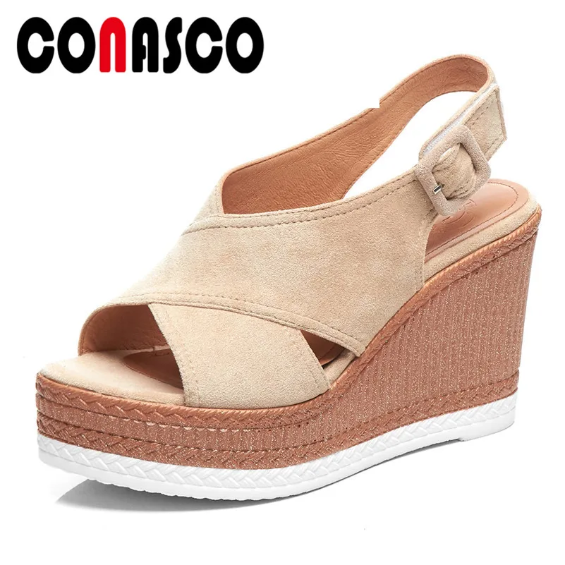 

CONASCO High Quality Flock High Heels Women Casual Fashion Shoes Platforms Style Wedge Sandals Summer Shoes Woman Buckle Sandals