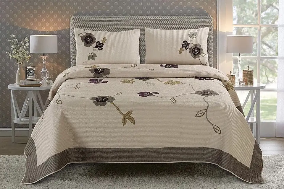 

khaki COLOR Pastoral American style Cotton Quilting Quilts KING size Morden Bed Cover Summer cool Embroidery Bedspread 3PCS sets