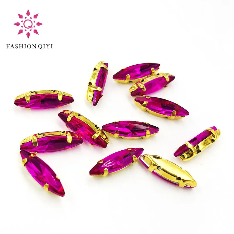 4x15mm Rose Horse eye shape 50pcs/pack Glass Crystal Gold bottom sew on claw rhinestones with holes diy Sewing On Garment