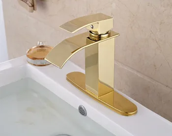 

NEW Gold Brass Waterfall Spout Single Lever Batrhroom Sink Basin Faucet Mixer Tap Deck Mounted