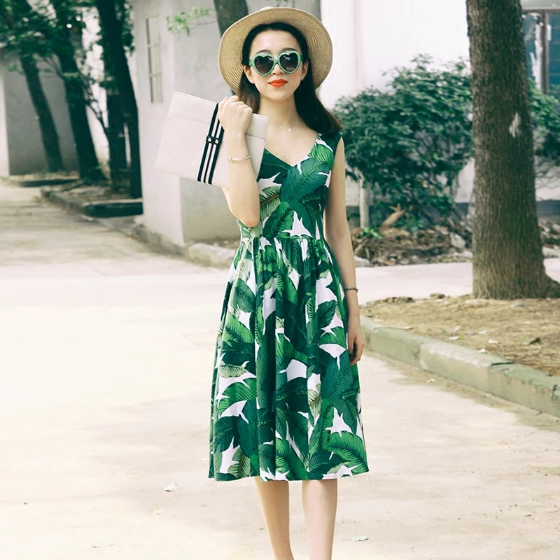 

women vintage 50s green palm banana leaf pattern v neck tank midi swing dress plus size vestido retro rockabilly pinup dresses