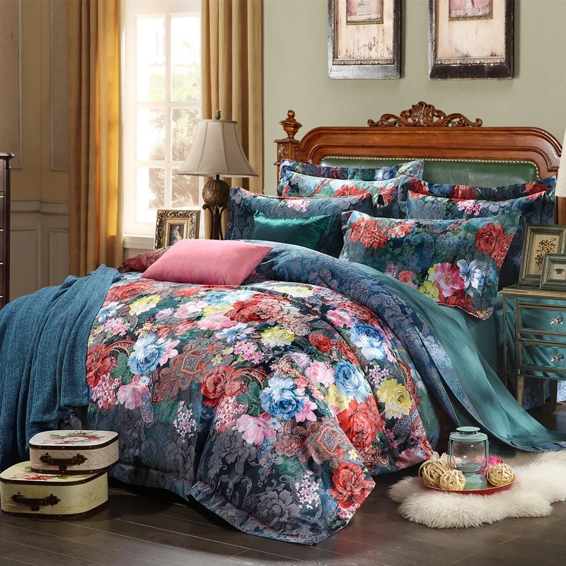 Cotton jacquard big flower european style boho bedding set king queen