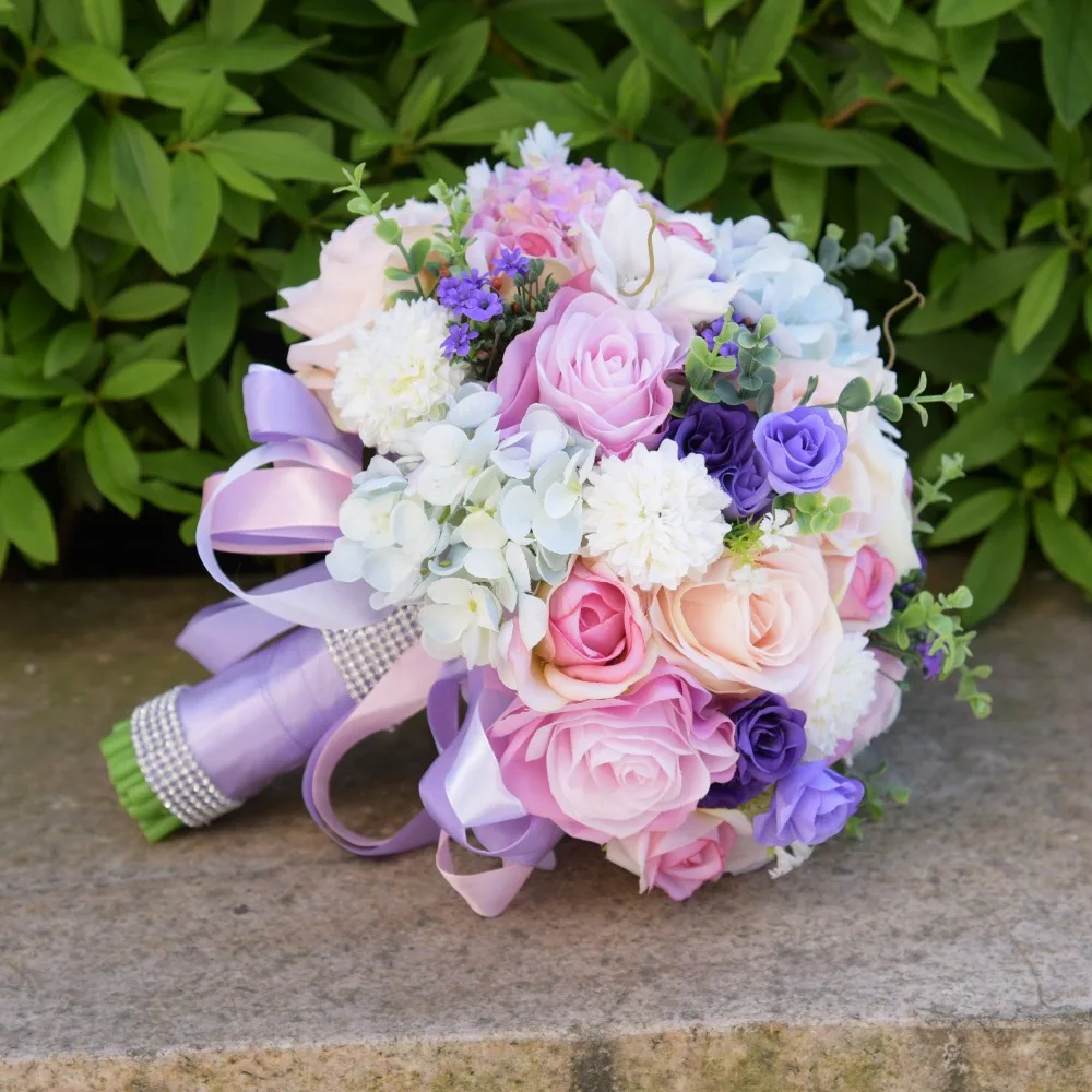 JaneVini Романтические Свадебные цветы Свадебные букеты ручной работы свадебная брошь из бисера Фиолетовый Розовый шелк Ramo Novia Flor искусственный