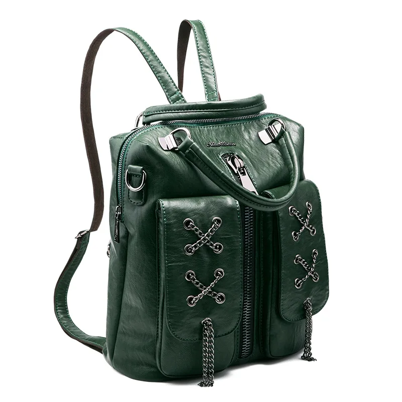 Fashion Women Backpack 2017 Newest Stylish Cool Chain Black PU Leather Backpack Female Hot Sale Women