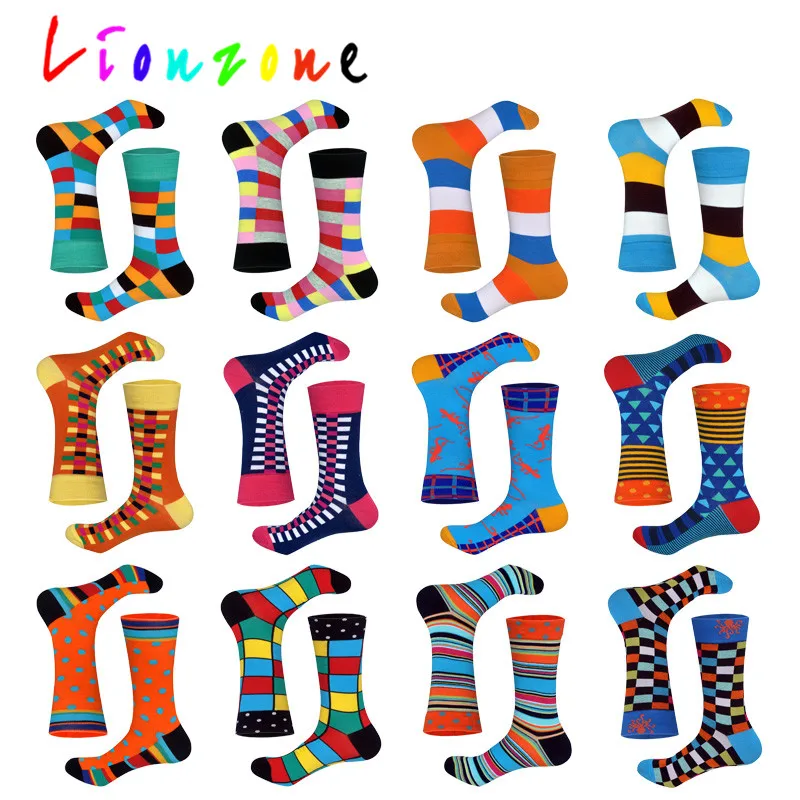 LIONZONE 2018 Новая коллекция Happy Socks носки унисекс Для мужчин Для женщин в полоску решетки Dot Design цветные хлопчатобумажные носки повседневные