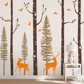 

Birch Tree Vinyl Wall Decal with Birds and Deer Wall Sticker Baby Nursery Woodland Forest Art Stickers for Kids' Room Home Decor