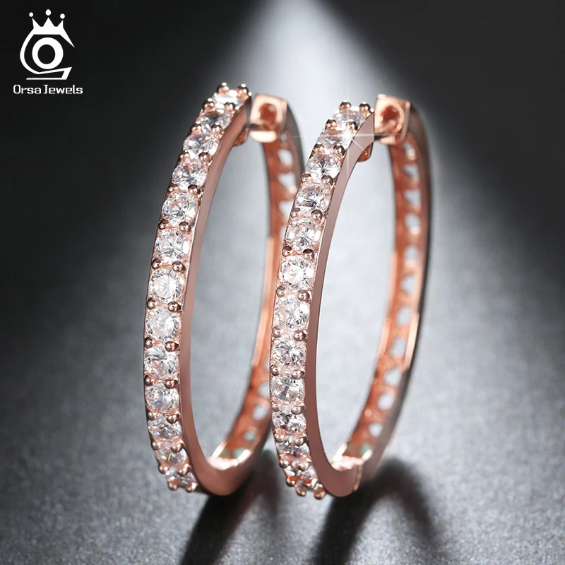 ORSA JEWELS 2018 Rose Gold Color Big Hoop Earring Paved Luxury AAA Cubic Zirconia Fashion Women Round Loop CZ Earrings OE143 цена ORSA JEWELS 2018 Rose Gold Color Big Hoop Earring Paved Luxury AAA Cubic Zirconia Fashion Women Round Loop CZ Earrings OE143 цены онлайн