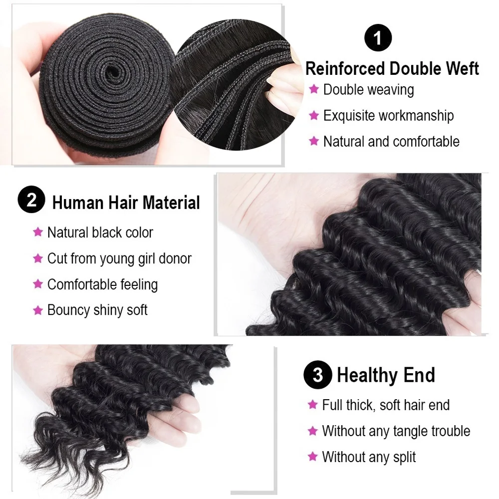 BEAUDIVA Brazilian Hair Weave Deep Wave 1 or 3 Bundles With Closure 100% Human Hair Bundles With Closure Remy Hair Extensions