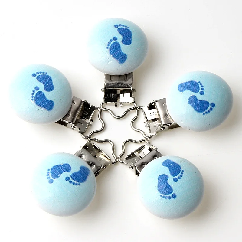 

5pcs/lot Metal Wooden Blue Feet Baby Pacifier Clips For Holders Cute Infant Soother Clasps Teethers Accessories