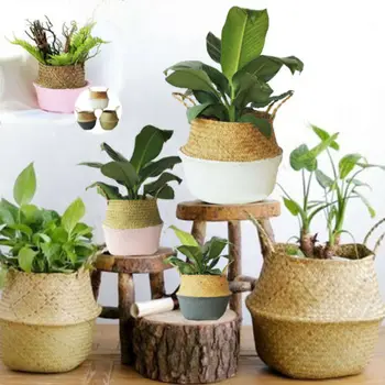

New 2019 Natural Seagrass Flower Belly Basket Storage Holder Home Plant Pot Organizer Bag Flower Basket