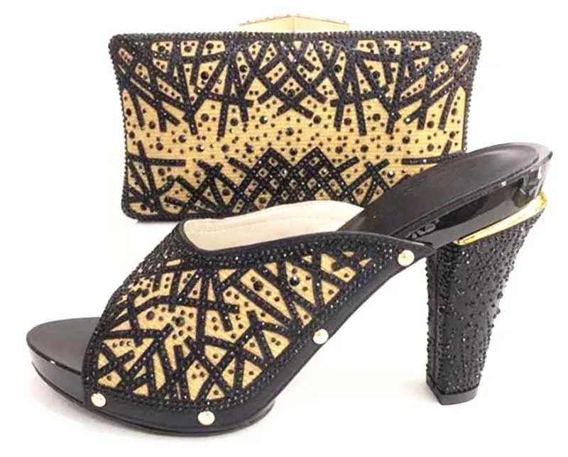 

African lady aso ebi shoes and bag set new italian shoes and clutches bag black elegant stones shoes and bag matching SB8173-4
