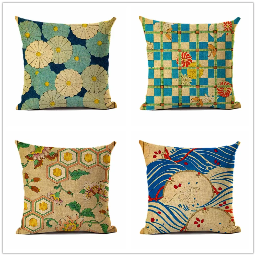 

Retro Floral Linen Cushion Cover Vintage Wave Pattern Decorative Pillow Case Home Decor for Sofa Couch Bed Living Room 45x45cm