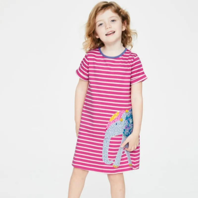 

Summer Little Girls Applique Dress Tickled Pink Stripe Elephant Short Sleeve Knee Length Dress Cotton Fashionable Girls Clothes