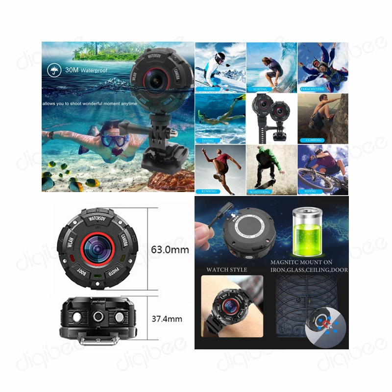 Спортивная экшн камера с широким углом обзора Wi Fi IP68 30 м Full HD 1080P|Компактные