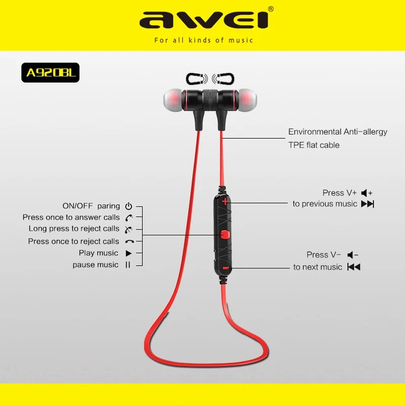 AWEI A920BL Wireless Headphone Bluetooth Earphone With Mic In-ear Sports Music Earbuds Bluetooth 4.1 For iPhone Samsung Xiaomi