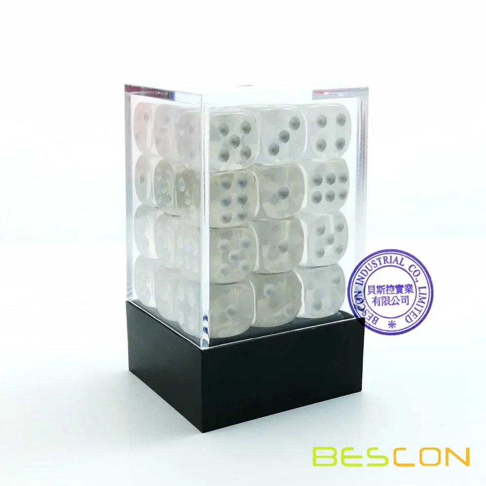 Bescon 12mm 6 Sided Dice 36 in Brick Box, 12mm Six Sided Die (36) Block of Dice, Translucent White with Pips afbeelding