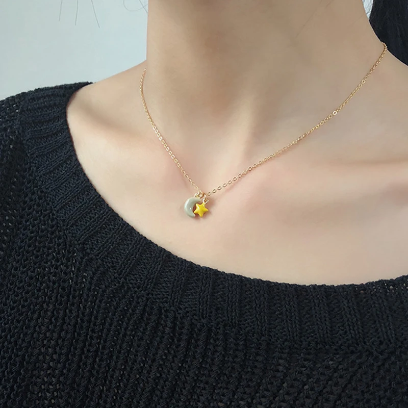 

S925 Stering Silver Cute Cartoon Color Star Moon Fairy Tale Pendant Clavicular Chain Simple Sweet Necklace Women Girls Jewelry