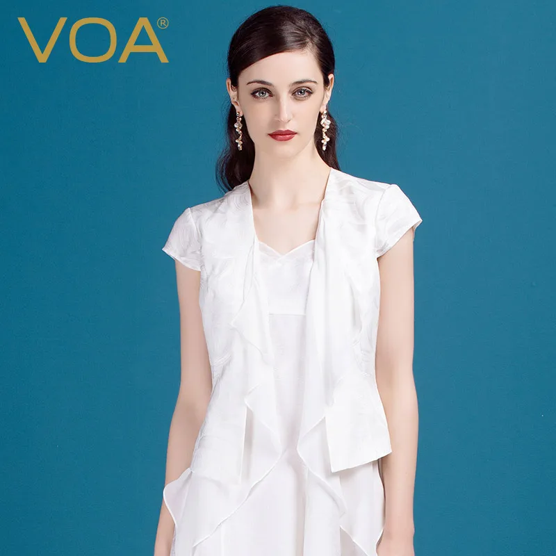 VOA летняя однотонная белая шелковая рубашка женские тонкие модные Лоскутные Топы с оборками B1125 - Цвет: Snow Whte 376