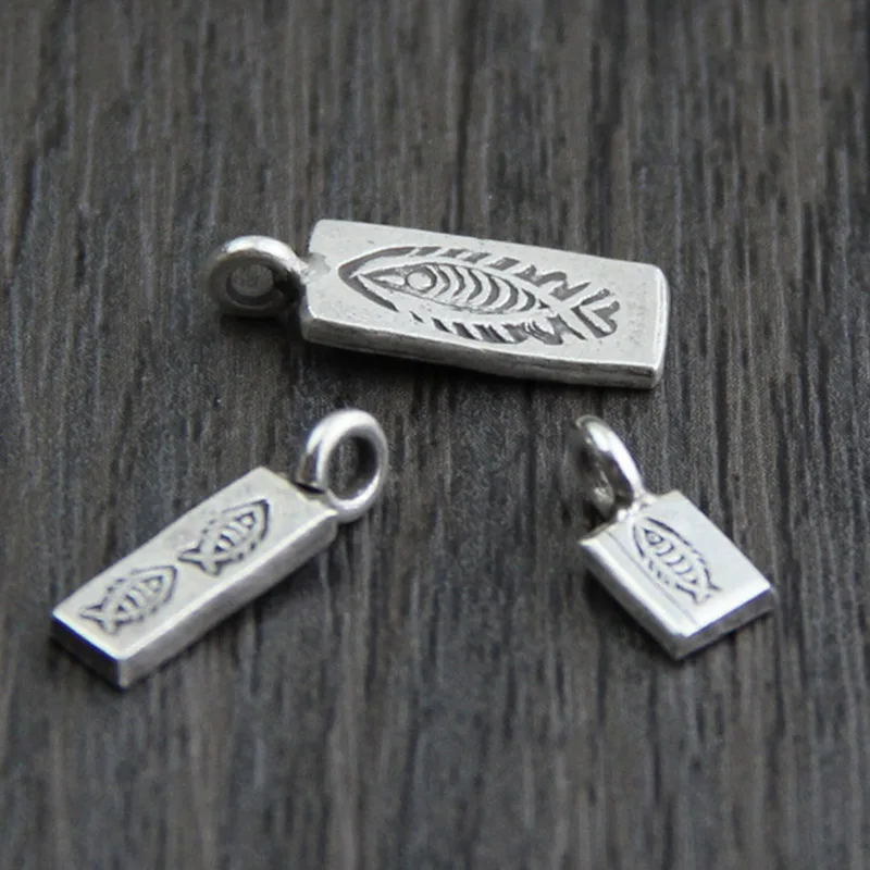 

100% 925 Sterling Silver Handcraft Rectangle Carved Fish Charms S M L Size Decoration Dangle Pendants Fit Bracelets DIY Jewelry