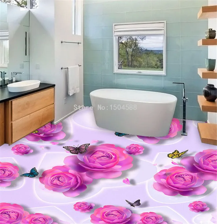 Пользовательские 3D напольные плитки обои романтические розовые розы цветы бабочки модные фрески стикеры спальня ванная комната ПВХ пол обои