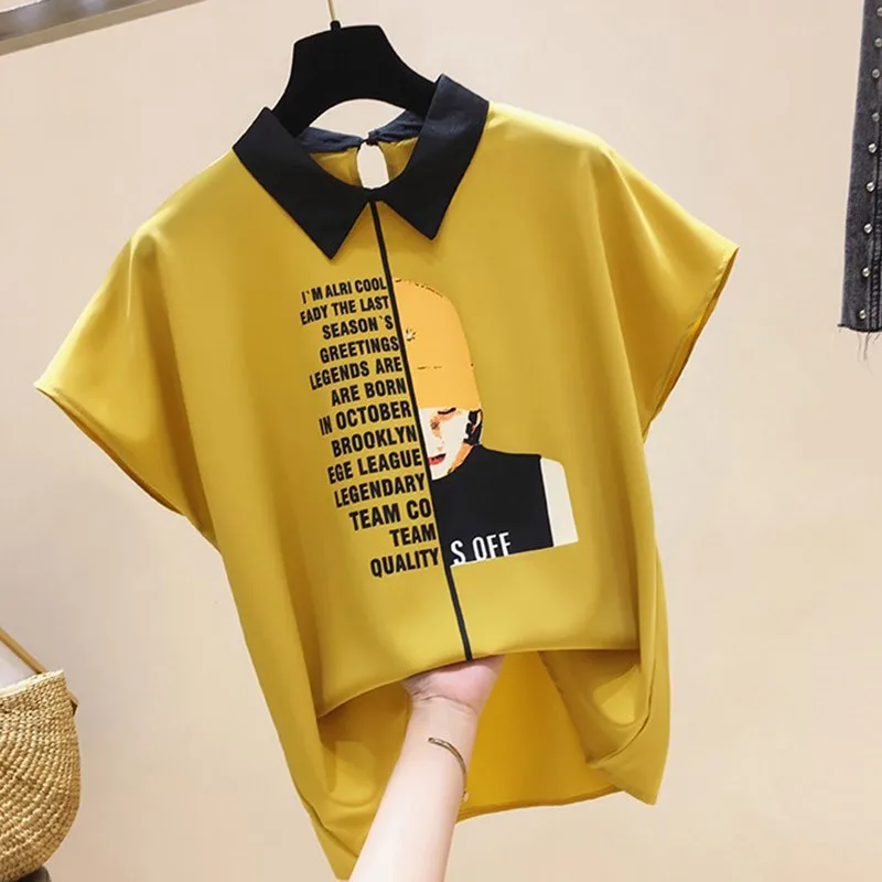 

2019 womens tops and blouses Korean Style Peter Pan Collar Short Sleeve Letter Print Pullover Chiffon blusas