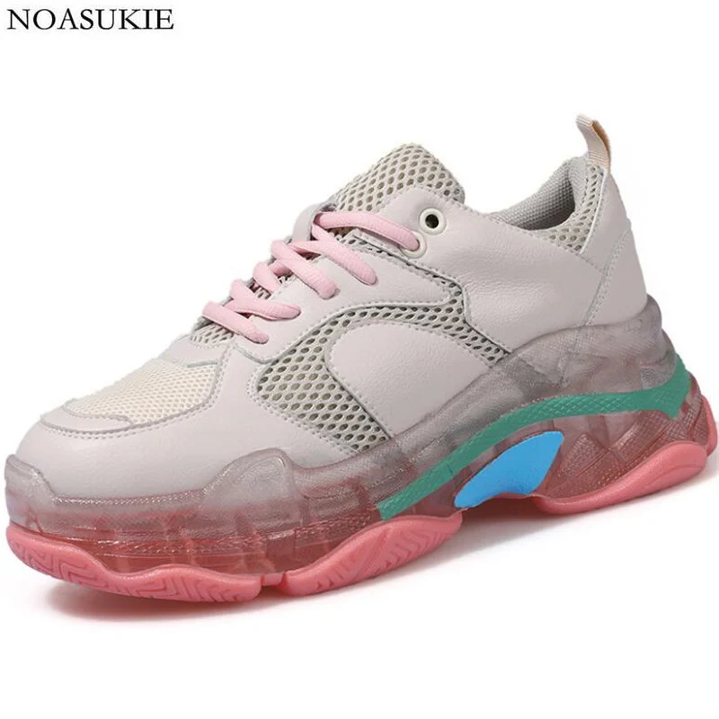 

Fashion Shoes Women Mesh Beige Pink Stitching Platform Sneakers Transparent Soles Casual Shoes Chunky Sneakers Low Top Tenis