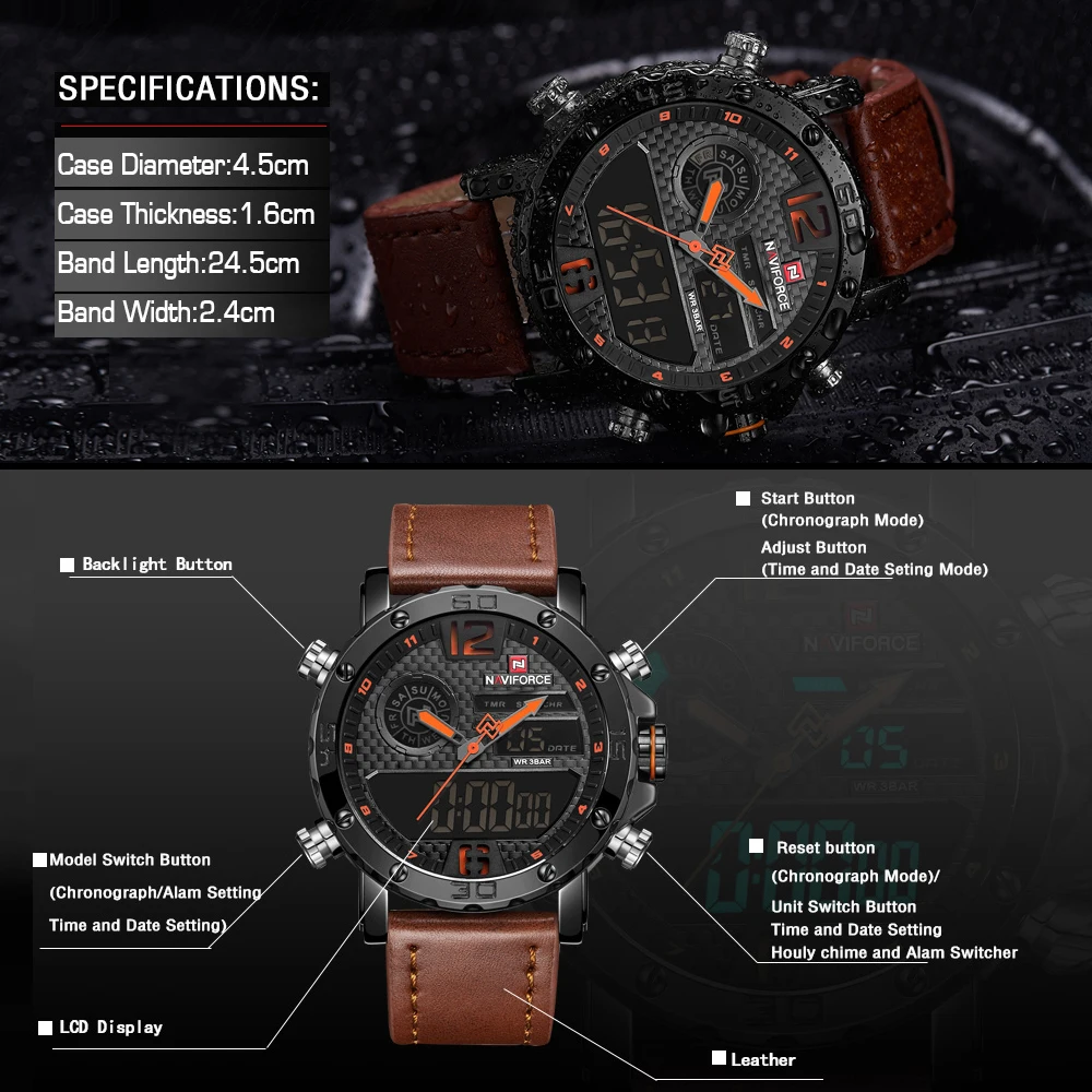 Ceny NAVIFORCE luksusowa marka mody zegarek sportowy mężczyźni wodoodporny Dual Time kwarcowy zegarki skórzany pasek LED data analogowy zegar cyfrowy