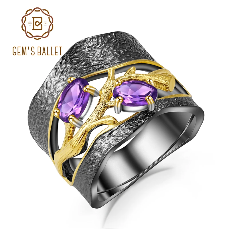 GEM'S BALLET Natural Amethyst Gemstones Ring 925 Sterling Silver Original Handmade Petal Floral Rings for Women Fine Jewelry GEM'S BALLET Natural Amethyst Gemstones Ring 925 Sterling Silver Original Handmade Petal Floral Rings for Women Fine Jewelry