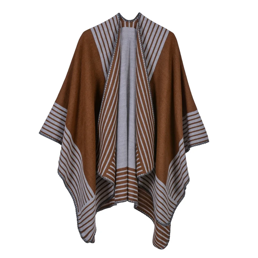 

2019 New Simple Striped Ponchos Cashmere Scarves Women Winter Warm Shawls and Wraps Brand Designer Pashmina Thick Capes Femme