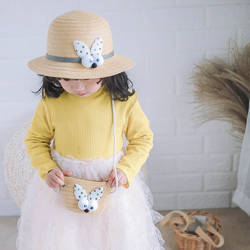 Летняя популярная новая забавная головка кролика детская соломенная шляпа для девочек шапка принцессы дорожная Студенческая пляжная шляпа с полями из двух предметов