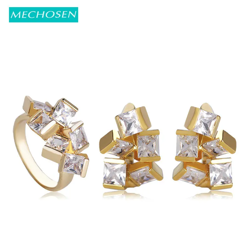 

MECHOSEN Special Square Design Earrings Ring Jewelry Sets Personality Big Pure Cubic Zirconia Gold Color Brass brinco hippie