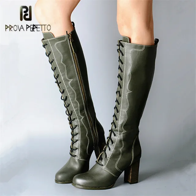 Prova Perfetto Green Retro Women Knee High Boots Female Genuine Leather